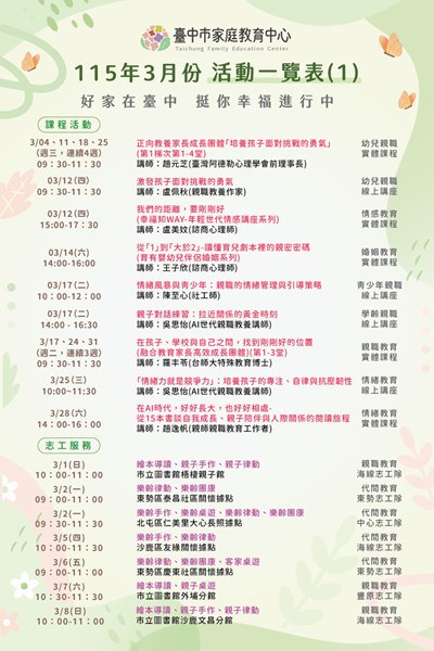臺中市家庭教育中心115年3月份活動一覽表