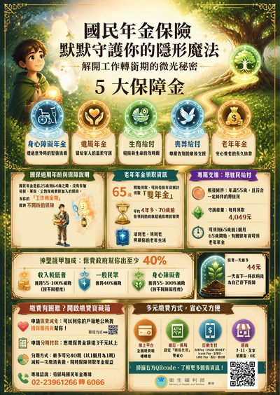 社保司海報_國民年金保險默默守護你的隱形魔法，解開工作轉銜期的微光秘密，5大保障金